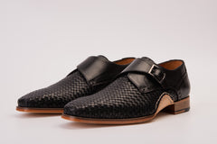 The Rolls Woven Black Leather Single Monk Strap Handmade Shoe