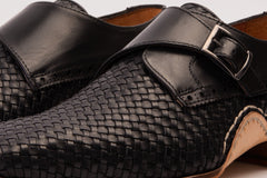 The Rolls Woven Black Leather Single Monk Strap Handmade Shoe