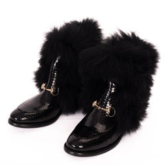 The Izmir Black Patent Leather Natural Fur Mid Calf Boot