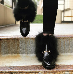 The Izmir Black Patent Leather Natural Fur Mid Calf Boot