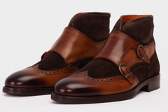 The Albus Tan Leather Suede Double Strap Monk Brogue Boot