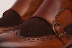 The Albus Tan Leather Suede Double Strap Monk Brogue Boot