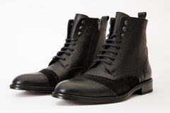 The Anderson Black Leather Suede Brogue Lace-Up Boot with a Zipper