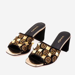 The Chantilly Black Glitter Leather Sandal