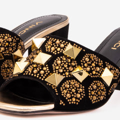 The Chantilly Black Glitter Leather Sandal