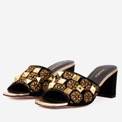 The Chantilly Black Glitter Leather Sandal