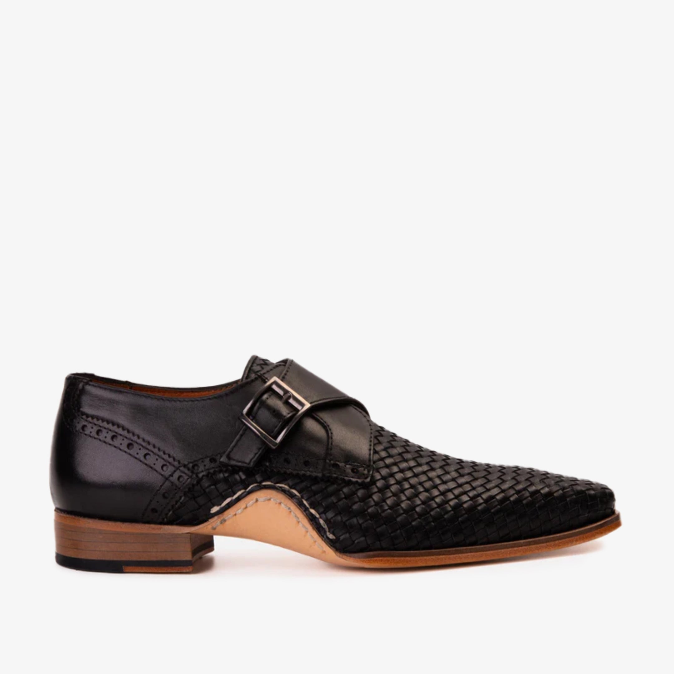 The Rolls  Woven Black Leather Single Monk Strap  Handmade Shoe