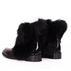 The Izmir Black Patent Leather Natural Fur Mid Calf  Boot
