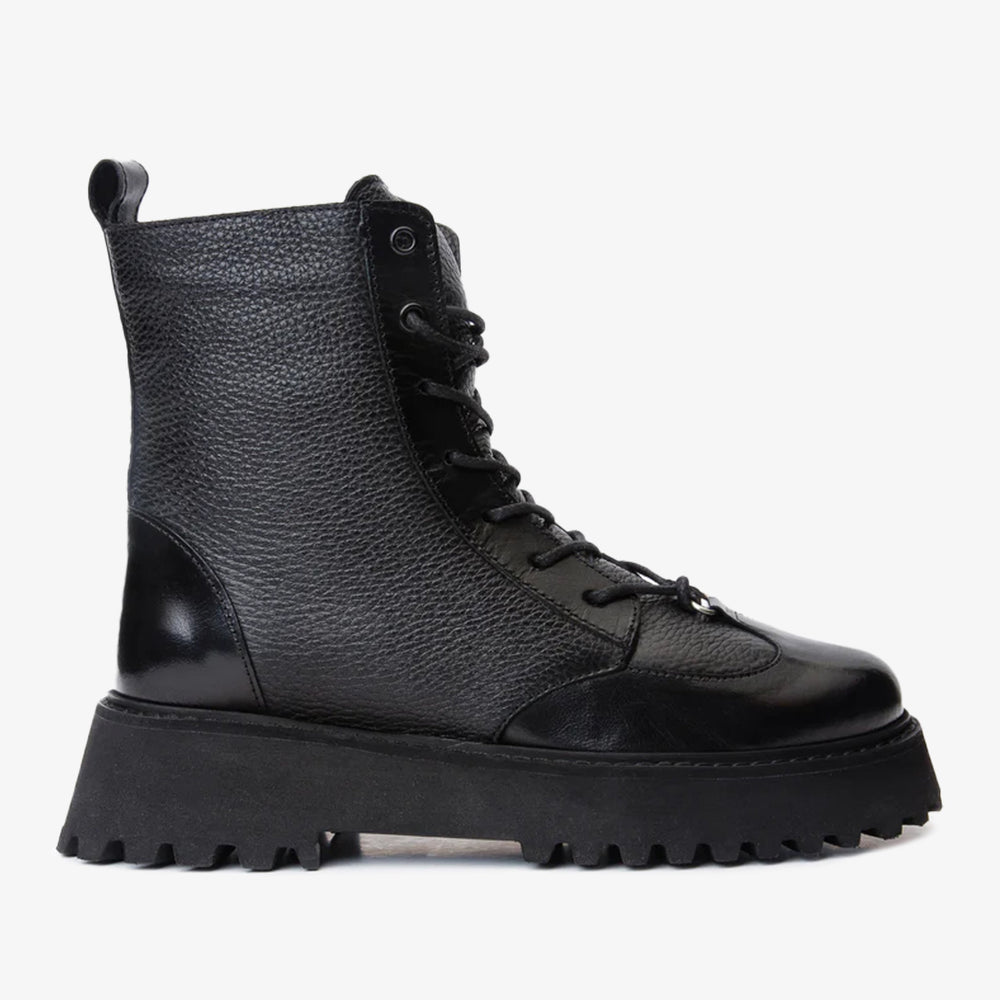 The Yildiz Black Leather Lace-Up Ankle  Boot With a Side Zipper