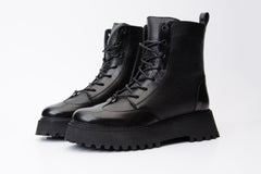 The Yildiz Black Leather Lace-Up Ankle  Boot With a Side Zipper