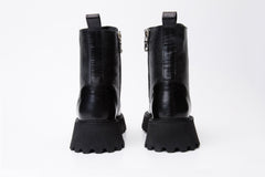 The Yildiz Black Leather Lace-Up Ankle  Boot With a Side Zipper