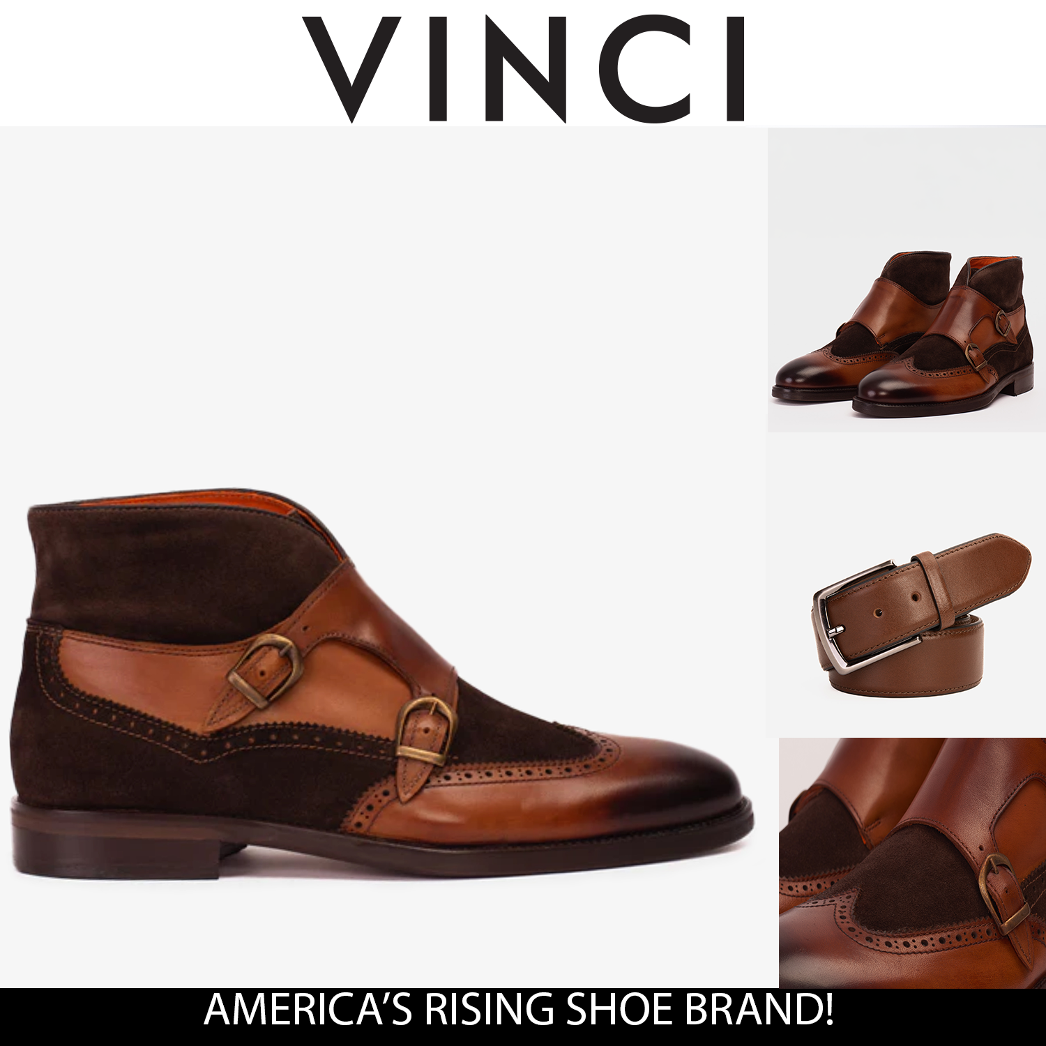 The Albus Tan Leather Suede Double Strap Monk Brogue  Boot