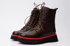 The Yildiz Brown Leather Lace-Up Ankle  Boot With a Side Zipper