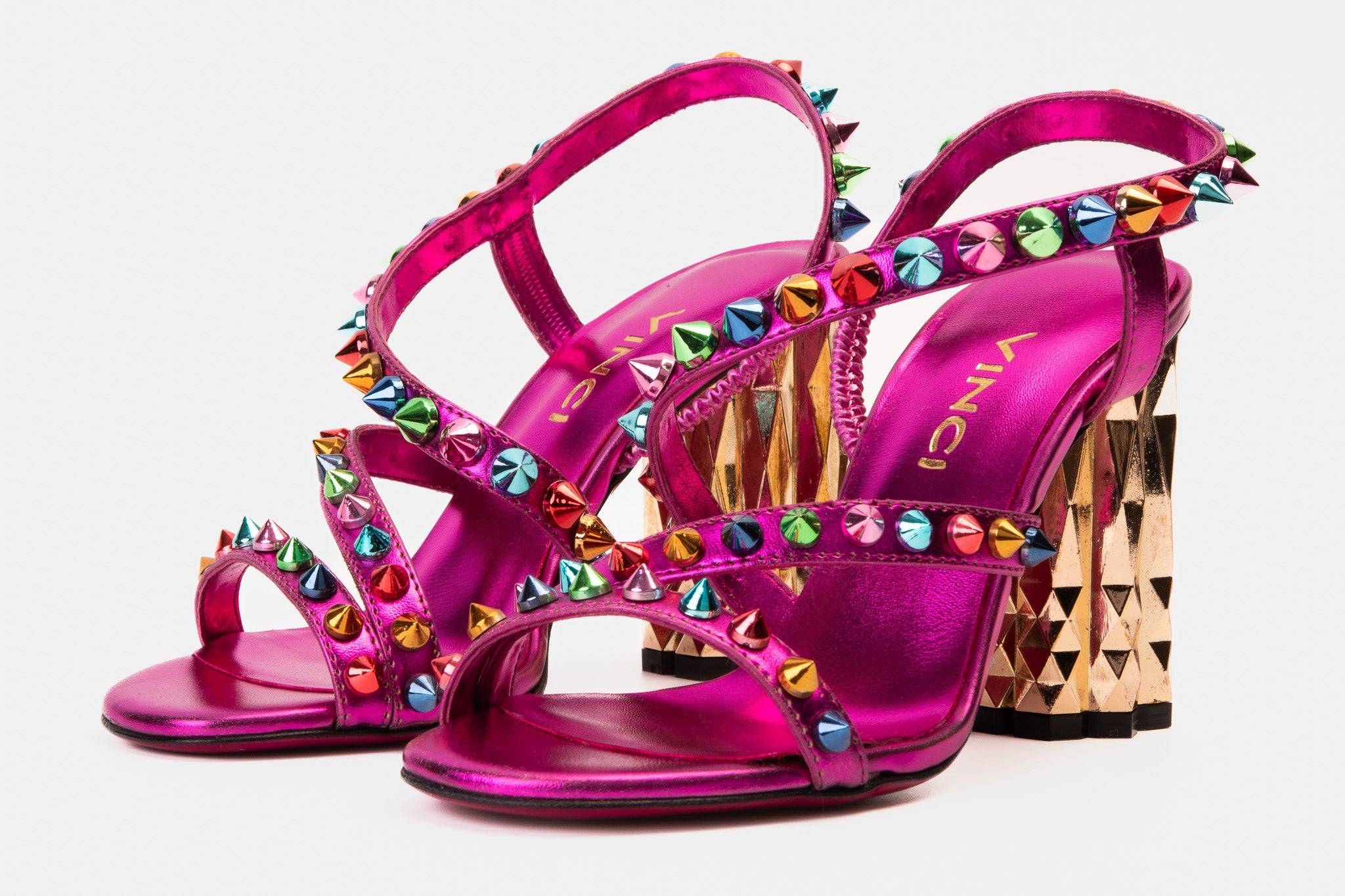 The Caris Fuchsia Block Heel Spike Leather Sandal Final Sale!