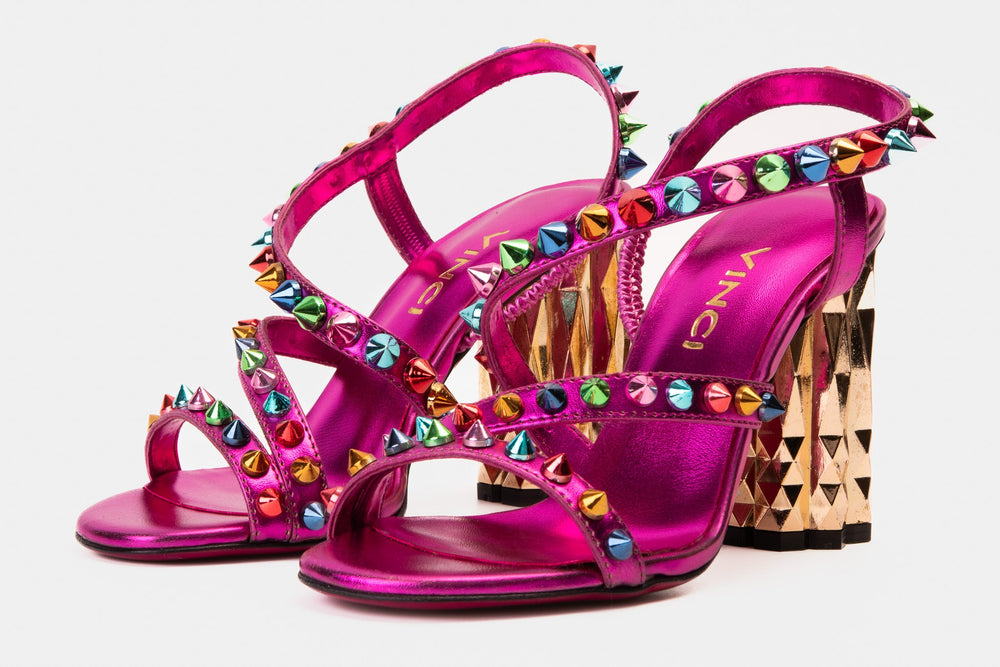 The Caris Fuchsia Block Heel Spike Leather Sandal Final Sale!