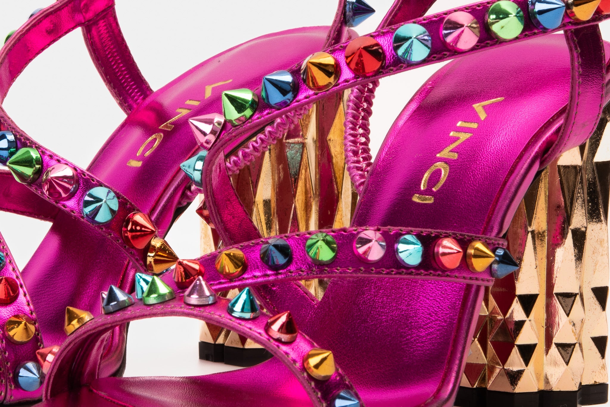 The Caris Fuchsia Block Heel Spike Leather Sandal Final Sale!