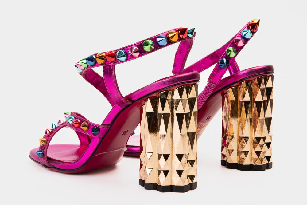 The Caris Fuchsia Block Heel Spike Leather Sandal Final Sale!