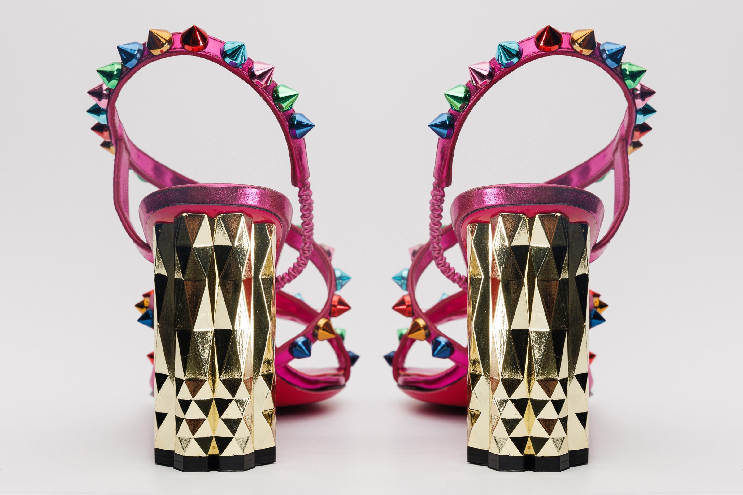 The Caris Fuchsia Block Heel Spike Leather Sandal Final Sale!
