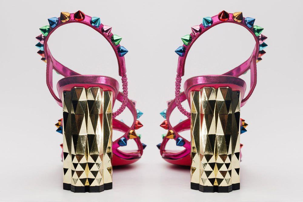 The Caris Fuchsia Block Heel Spike Leather Sandal Final Sale!