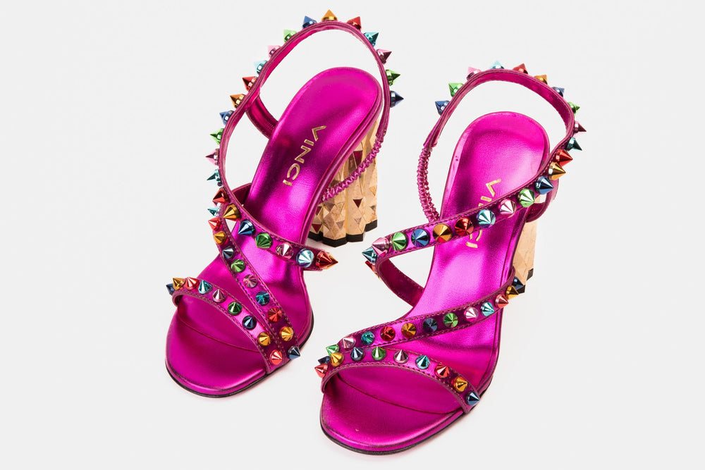 The Caris Fuchsia Block Heel Spike Leather Sandal Final Sale!
