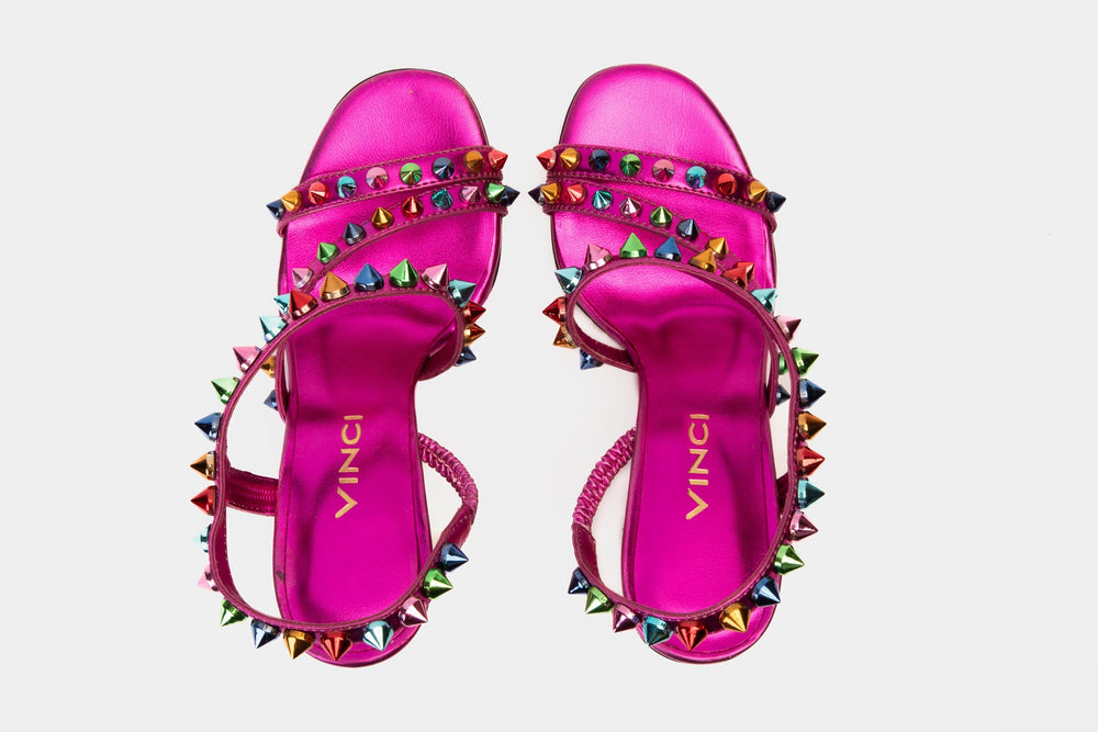 The Caris Fuchsia Block Heel Spike Leather Sandal Final Sale!