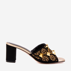 The Chantilly Black Glitter Leather Sandal